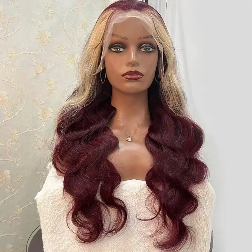 💕 SHEN 24” 99J Skunk Stripe Burgundy Blonde Colored Lace Front Human Hair *NEW*